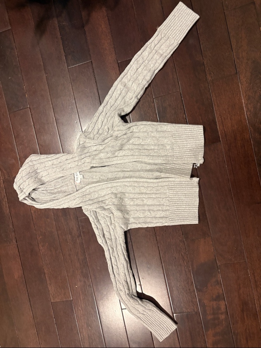 Pink Rose Cable-Knit Hooded Cardigan in Light Gray